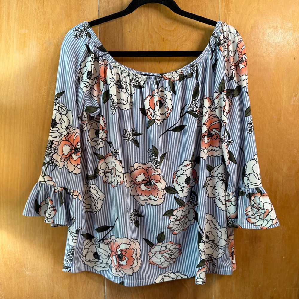 Kristin Nicole Floral Stripe Off The Shoulder Ruffle Bell Sleeve Blouse Blue XL